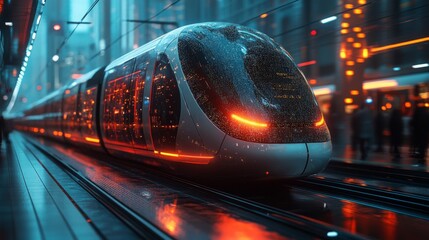 Aufkleber - An advanced autonomous smart train travels through a modern urban environment at night, showcasing cutting edge technology, illuminated stations, and dynamic city life amidst rain.