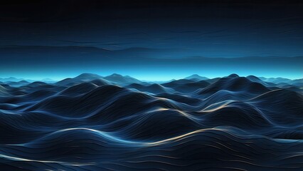 Abstract digital landscape with blue wavy lines converging towards the horizon under a dark