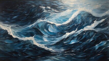 Abstract digital landscape with blue wavy lines converging towards the horizon under a dark