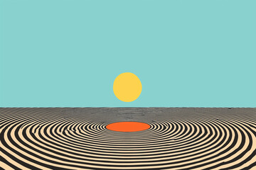 Poster - Abstract Sunset Circles: The image features a radiant sun, casting a warm glow over a circular pattern that draws the eye into a vibrant horizon. 