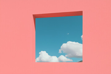 Poster - Window to the Sky: A unique perspective framed by a geometric window, offering a glimpse of a serene blue sky adorned with fluffy clouds and a touch of the horizon.