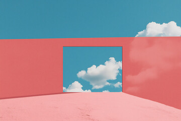 Poster - Skyward Gaze: A modern minimalist scene, where a square window frames a picturesque skyscape. The soft pink walls add a touch of tranquility.