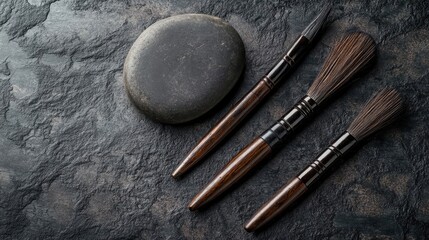 Poster - Three paintbrushes and a stone on a textured stone surface