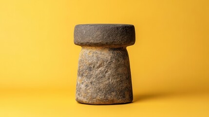 Poster - A weathered stone sculpture stands on a solid yellow background