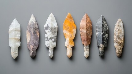 Poster - Seven Stone Arrowhead Replicas Lined Up Against a Gray Background