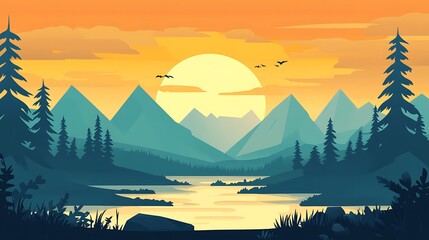  Sunset over mountain lake.