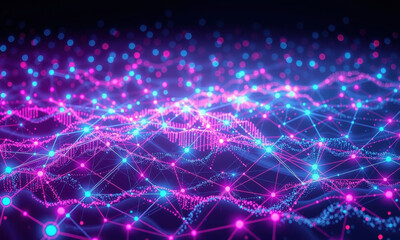 Poster - vibrant digital landscape showcasing interconnected nodes and lines in shades of blue and pink, representing data flow and quantum technology. visual evokes sense of innovation and complexity