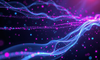 Poster - vibrant abstract representation of quantum data visualization, featuring flowing waves of light in shades of pink and blue, creating dynamic and energetic atmosphere