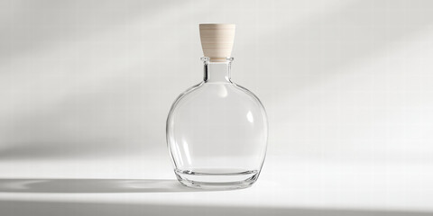 Poster - clear glass bottle with wooden stopper, elegantly designed, showcasing simplicity and modern aesthetics. soft shadows enhance