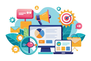 Poster - A vibrant illustration representing a digital marketing strategy with a computer, laptop, target, megaphone, and other icons.