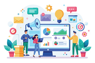Poster - An illustration depicting three business professionals working together on a computer, analyzing data and marketing strategies.