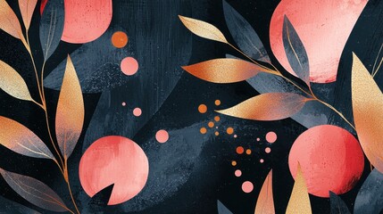 Poster - Bold abstract floral illustration, shimmering gold leaves and soft pink flowers set against a dark, elegant backdrop.