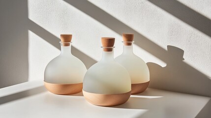 Poster - Elegant Glass Bottles with Wooden Caps in Soft Natural Light