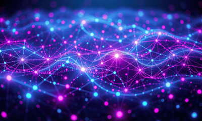 Poster - vibrant digital network visualization featuring interconnected nodes and flowing lines in shades of blue and pink, representing data transmission and quantum computing