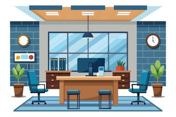 Poster - An illustration of a modern office interior featuring a desk, two chairs, potted plants, and a large window.