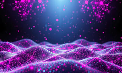 Poster - vibrant digital landscape featuring flowing waves of pink light, representing quantum data visualization with sparkling particles and cosmic background