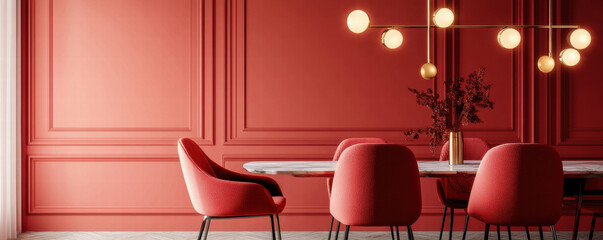 Poster - modern dining room featuring vibrant red wall, stylish furniture, and elegant lighting creates warm and inviting atmosphere