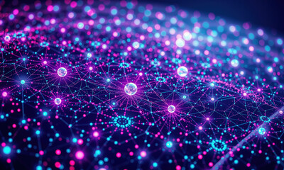 Poster - vibrant digital network visualization showcasing interconnected nodes and glowing spheres shades of blue and pink, representing quantum data and technology. image evokes sense of innovation