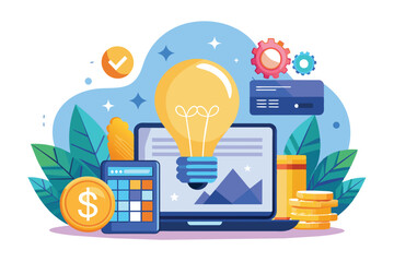 Poster - A laptop with a lightbulb, calculator, and coins illustration. This illustration represents new ideas, business growth, and financial success.