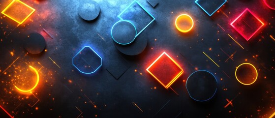 Wall Mural - abstract dark background with glowing neon geometric shapes, circles and squares, creating a modern 