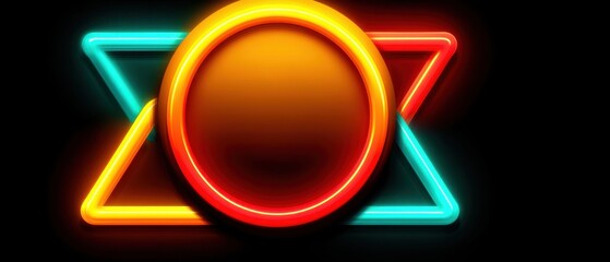 Wall Mural - abstract neon glowing shapes: circle, triangle, and geometric design on black background for modern 