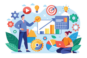 Poster - A cartoon illustration of two business people working together, analyzing charts, graphs, and data. The image suggests a team effort in developing strategy and achieving goals.