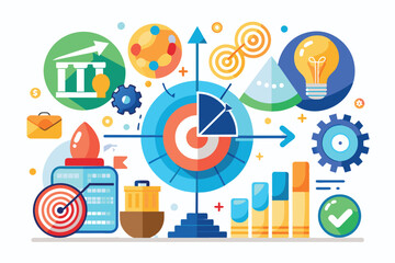 Poster - An illustration depicting various colorful symbols representing business strategy and success.