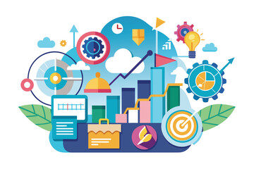 Poster - A colorful illustration depicting business growth and success with various elements such as charts, goals, and ideas.