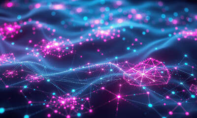 Poster - vibrant digital landscape showcasing interconnected nodes and flowing lines shades of pink and blue, representing quantum data visualization and technology. image evokes sense of innovation