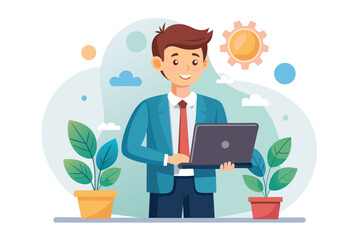 Poster - A cartoon illustration of a businessman in a suit, standing at a desk with a laptop in his hands, smiling, with potted plants in the foreground and clouds and sun in the background.