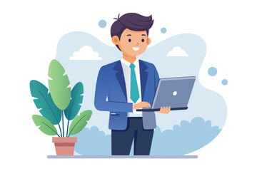 Poster - A cartoon image of a businessman in a blue suit working on a laptop computer, standing outside with a potted plant behind him.