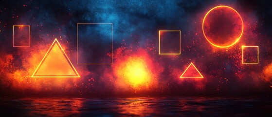 Wall Mural - abstract neon geometric shapes glowing with fire and smoke on dark background concept of futuristic 
