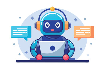 Poster - A cartoon robot with a headset and a happy expression sits in front of a laptop and interacts with speech bubbles.