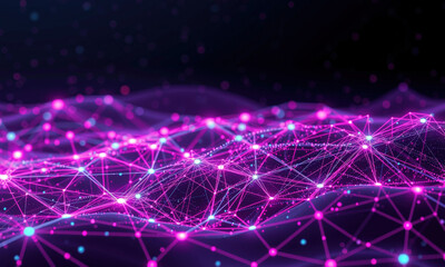 Fototapete - vibrant digital landscape showcasing interconnected nodes and lines, representing data flow and quantum computing concepts. glowing pink and blue colors create futuristic atmosphere