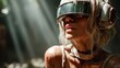 ©  Shomixer - This image captures a powerful female adventurer donning advanced headgear, poised in an otherworldly setting, blending elements of dystopian themes with raw human emotion and strength.