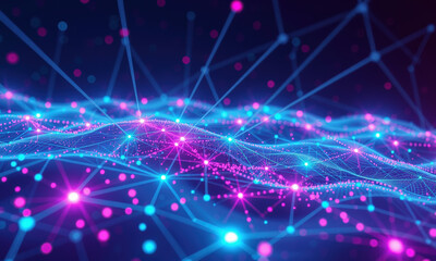 Fototapete - vibrant digital landscape showcasing interconnected nodes and lines, representing quantum data visualization with bright pink and blue colors, evoking sense of technology and innovation