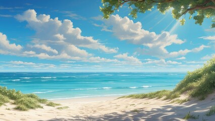 a serene beach scene under a bright, clear blue sky.