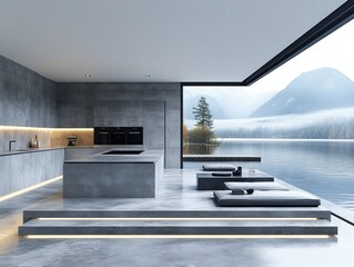 Aufkleber - Minimalist Modern Home with Large Windows and Concrete Floor