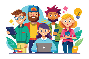 Poster - An illustration of four young professionals working together on a project. They are using a laptop, tablet, and mobile phones to communicate and collaborate.