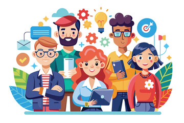 Poster - A group of four diverse professionals, two men and two women, are working together, showcasing their teamwork and collaboration.