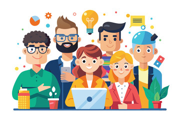 Poster - An illustration of a group of six diverse people working together on a project. They are all smiling and appear to be collaborating effectively.
