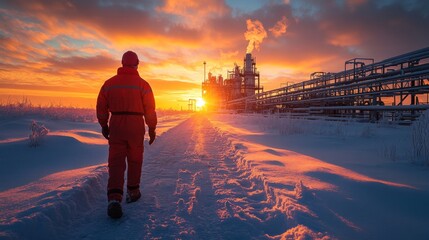 Poster - A worker in protective gear walks along a snowy path towards a powerplant at sunset. The sky is filled with vibrant hues as the sun sets behind industrial infrastructure.