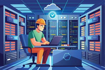 Poster - A cartoon illustration of a technician working on a laptop in a server room filled with rows of server racks.