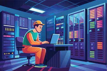 Poster - A man in a hard hat works on a laptop in a dimly lit server room at night. Rows of servers fill the space, creating a moody atmosphere.