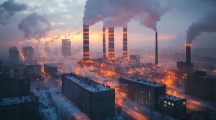 Aufkleber - Chimneys release plumes of smoke into the evening sky as energy generation and metallurgy activities continue to provide power in a busy urban landscape.
