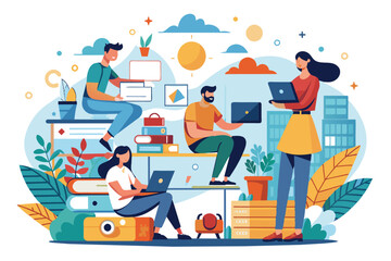 Poster - An illustration of four people working together on laptops in a modern urban environment.