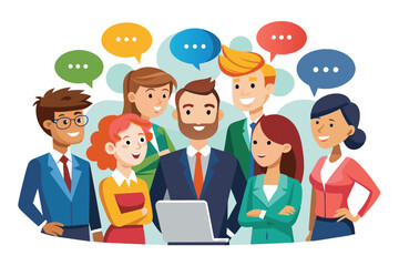 Poster - A man with a beard is surrounded by smiling business professionals discussing animatedly while looking at a laptop, as seen in speech bubbles above their heads.