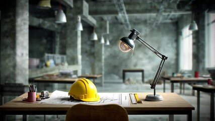 Poster - Concept Architect's Workspace at Construction Site With Plans Generative AI