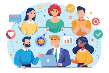 Poster - An illustration showing a diverse team collaborating on a project, using a laptop and other technology.