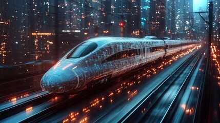 Fototapete - A high speed train moves smoothly along tracks within a bustling, illuminated urban environment. The scene captures the blend of technology and modern infrastructure at twilight.
